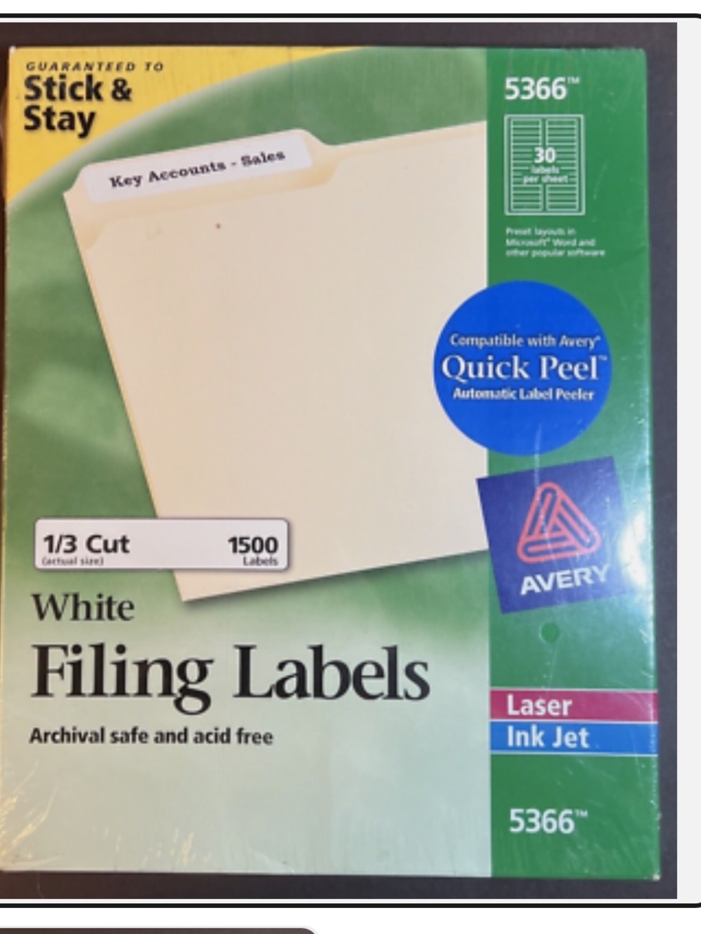 Avery White Filing Labels 5366, 1/3 Cut 1500 Labels Self Sealing, Ink Jet 072